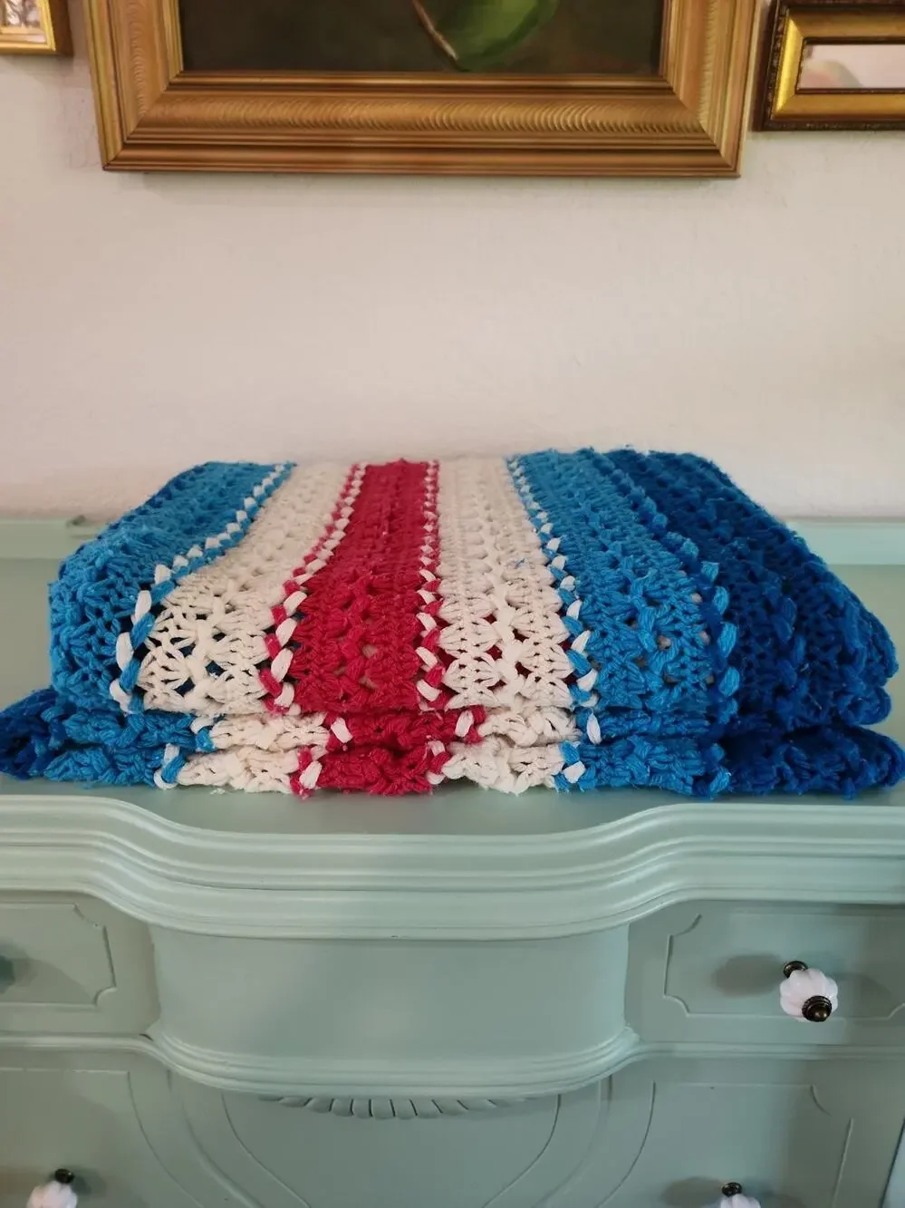 Vintage Handmade Crochet Afghan Blanket Twin Size Blue Red White Fringe